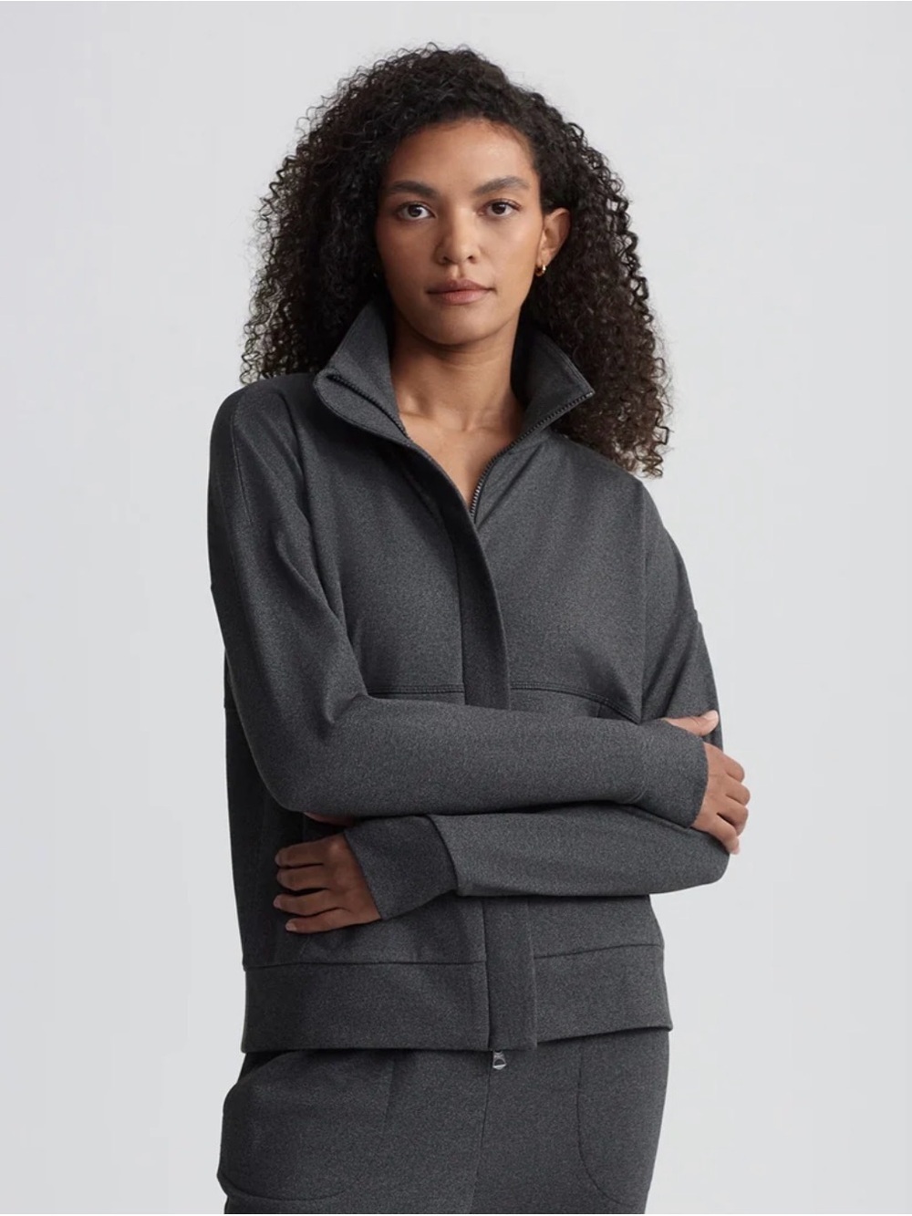 Varley Rozanna Full Zip Through Midlayer Jacket‎ Gray Brushed Rib Mock Neck XS
